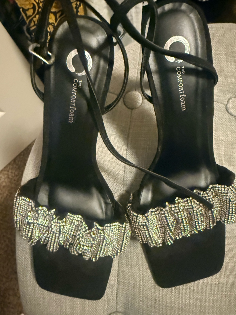 Macy's Black Heeled Sandals with Iridescent Crystal Straps
